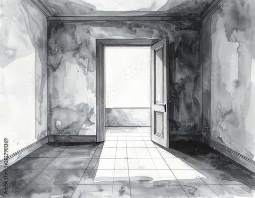 Minimalist hand-drawn black-and-white illustration of an empty room with a slightly open door and subtle shadow. Sparse monochrome composition with symbolic atmosphere, emotional tension, and clean li