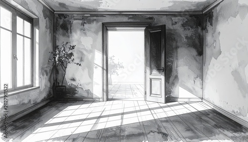 Minimalist hand-drawn black-and-white illustration of an empty room with a slightly open door and subtle shadow. Sparse monochrome composition with symbolic atmosphere, emotional tension, and clean li