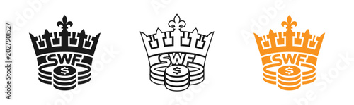 Canvas Print Three variations of a regal logo featuring a crown atop stacked coins with 'swf'