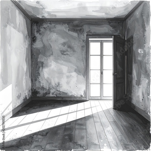 Minimalist hand-drawn black-and-white illustration of an empty room with a slightly open door and subtle shadow. Sparse monochrome composition with symbolic atmosphere, emotional tension, and clean li