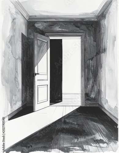 Minimalist hand-drawn black-and-white illustration of an empty room with a slightly open door and subtle shadow. Sparse monochrome composition with symbolic atmosphere, emotional tension, and clean li