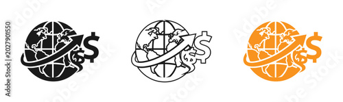 Fotografi Global finance icon set earth globe with dollar sign and orbiting arrow vector i