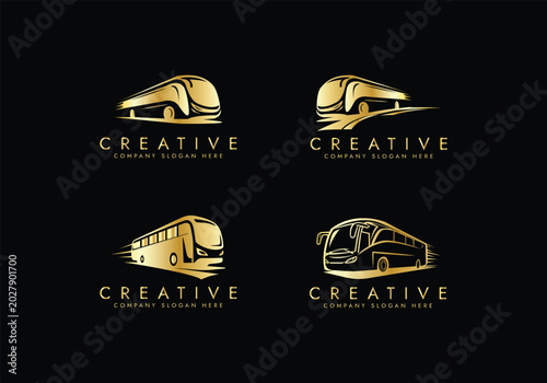 Bus or Coach Vehicle icon set , golden Travel bus logo vector design 