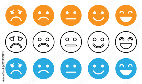 Slika na platnu Diverse set of emotive face icons in three color palettes representing feelings