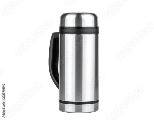 Stainless Steel Insulated Thermos Flask Standing on White Background