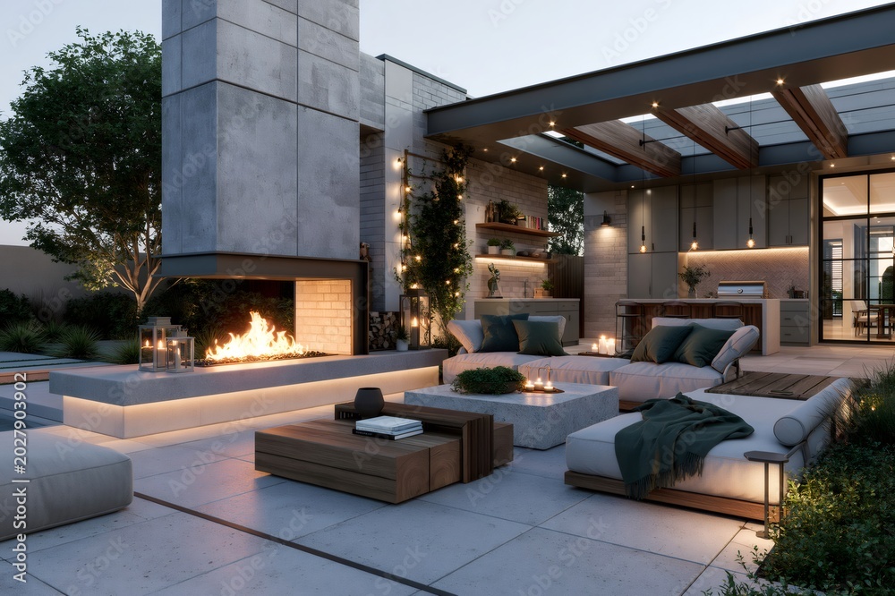 Fototapeta premium Luxury modern patio featuring fireplace and outdoor kitchen