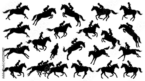 Horses silhouette set with riders in various dynamic poses and actions featuring action, equestrian, jumping with racing and galloping elements for