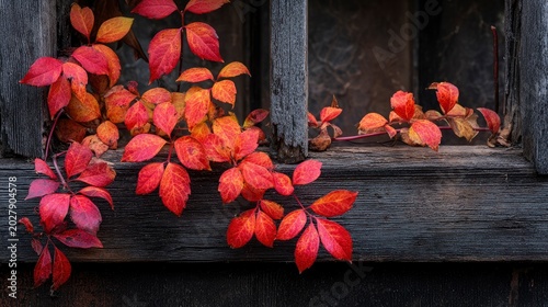 Vibrant red and orange autumn leaves growing on an old weathered wooden window frame, rustic texture of aged dark timber.