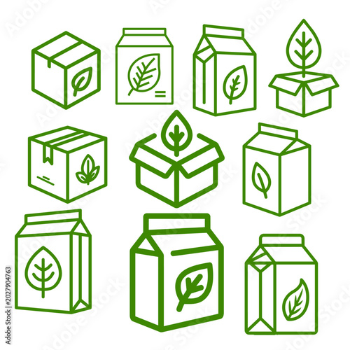 Eco Friendly Package Box Line Icon Set, Green Logistics Paper Carton Vector(친환경 패키지 상자 라인 아이콘 세트, 에코 배송 종이 박스 포장 벡터 일러스트)