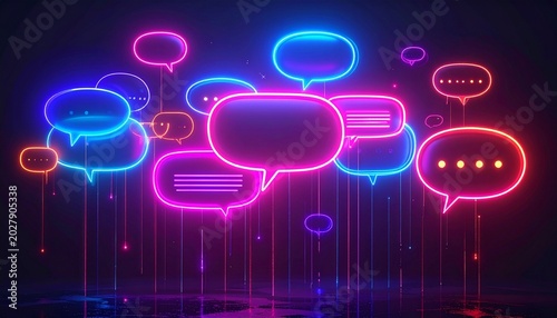 Neon speech bubbles glowing against dark digital background