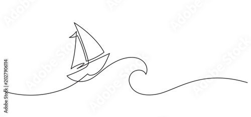 Tableau sur toile small sailboat braving a big wave one line drawing continuous minimalism copy space