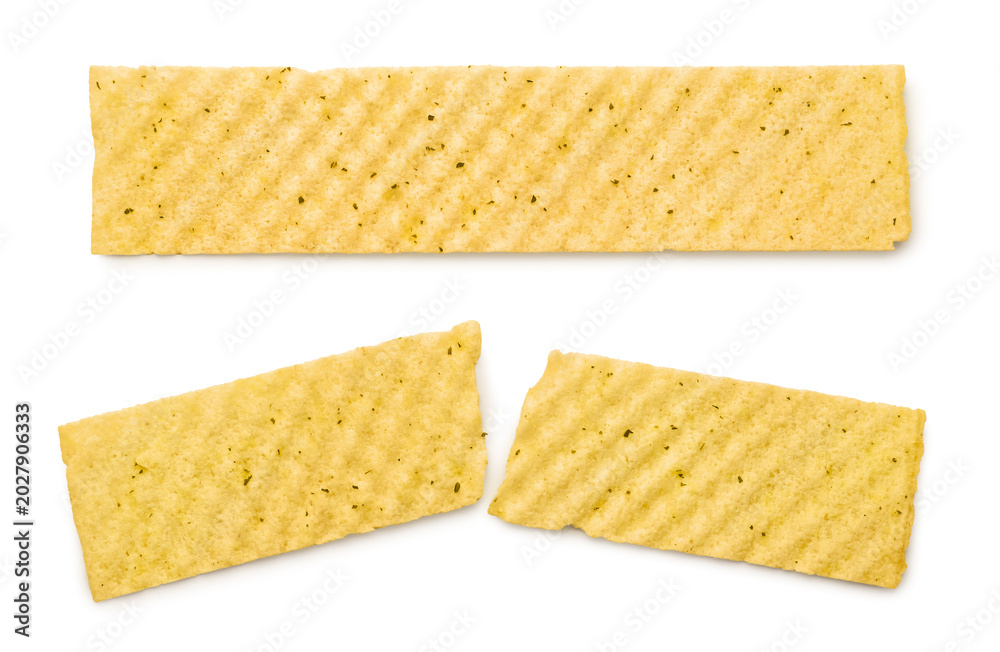 Obraz premium Long potato chip and one broken in half close-up on a white background. Top view