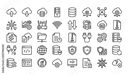 Data traffic and cloud server line icon pack with editable stroke vector illustration collection