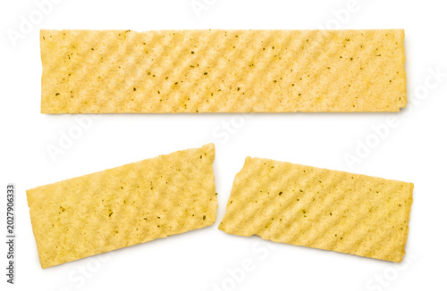 Tableau sur toile Long potato chip and one broken in half close-up on a white background