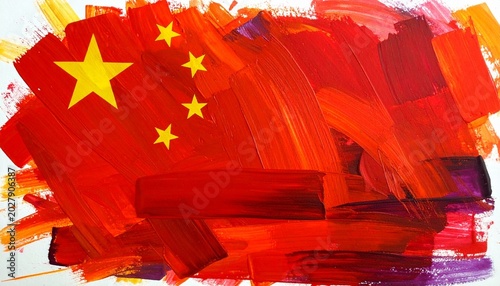 Artistic painted Chinese flag textured brushstrokes