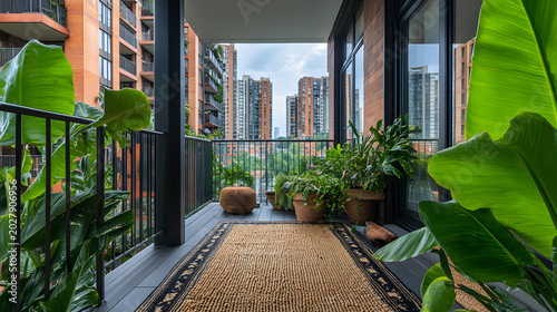 Modern loft balcony with indoor plants and city view in urban apartment setting