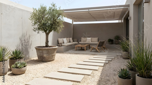 A modern courtyard garden with biophilic design. Modern minimalist patio with pavers, potted plants, and shaded outdoor seating