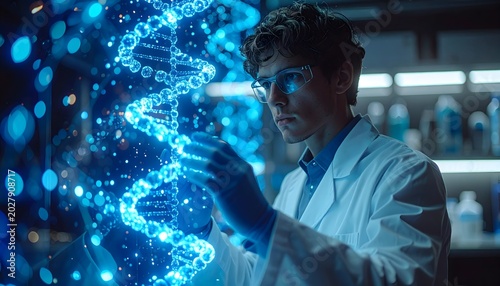 Young male scientist in white lab coat and safety glasses studying a glowing blue holographic DNA double helix in a dark laboratory