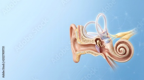 Human Ear Anatomy Cross Section Medical Illustration with Cochlea and Inner Ear Structure