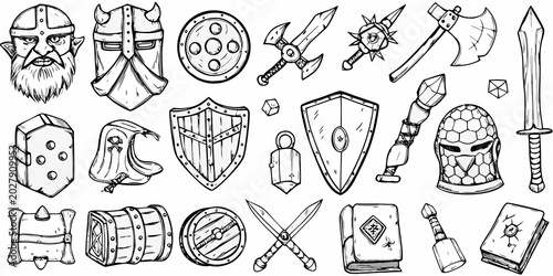 Tableau sur toile hand drawn viking and medieval weaponry and armor set on white
