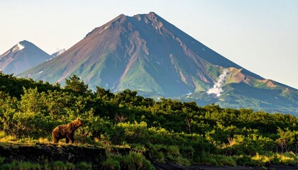 Brown bear in grassy wilderness with volcanic mountains, symbolizing coexistence of wildlife and dramatic landscapes in natural environment.