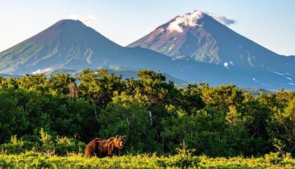 Brown bear in grassy wilderness with volcanic mountains, symbolizing coexistence of wildlife and dramatic landscapes in natural environment.