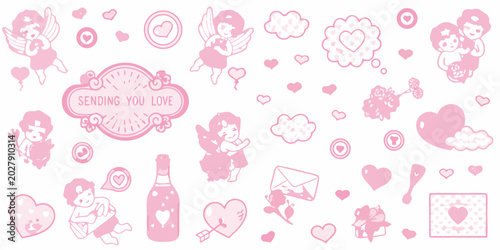 Quadro em tela valentine s day vector illustrations with cherubs and hearts