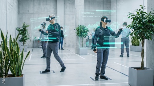 People experiencing virtual reality simulation in a modern office