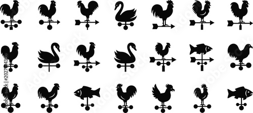 Fotografía Weather vane silhouette icons, rooster swan fish shapes, wind direction arrows,