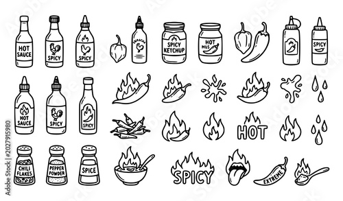 Photos Spicy food icons collection hot sauce peppers and seasonings hand drawn set