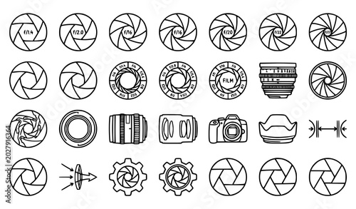 фотографія Photography icons set aperture lens camera film vector illustration