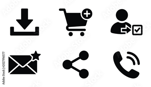 Bild auf Leinwand Set of 6 Black Vector Icons: Download, Shopping Cart, User Profile, Email, Share