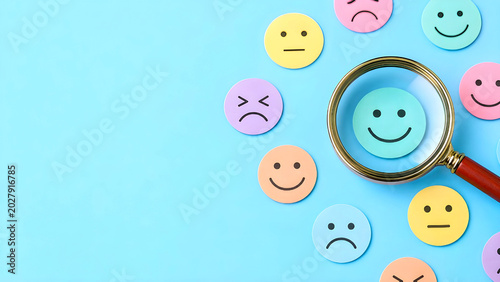 Customer satisfaction and emotional feedback evaluation concept with magnifying glass highlighting happy smiley face among negative and neutral emotion icons on pastel blue background representing pos