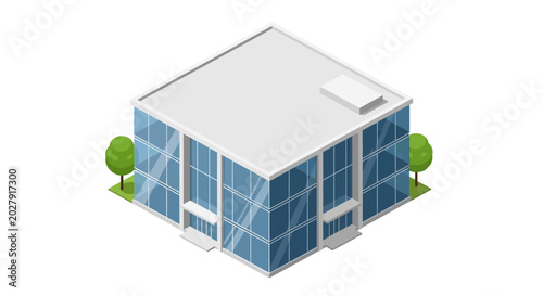 Modern Isometric Commercial Office Building with Glass Facade and Small Green Trees Isolated on White Background