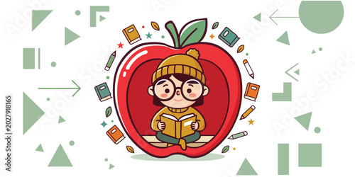 Foto A charming vector illustration of a cute student with glasses and a beanie, sitting inside a large red apple and reading a book, surrounded by school supplies