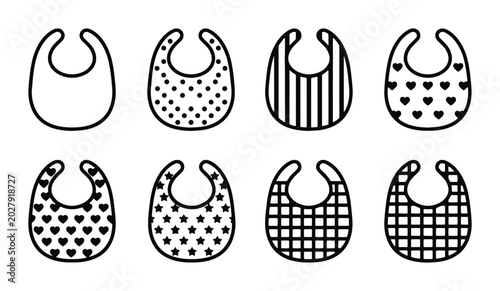 Foto Set of 8 Baby Bib Icons, Simple Outline Vector Graphics for Newborn Essentials,