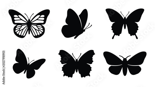 Bild auf Leinwand Six Black Butterfly Silhouettes, Vector Icons Set, Insect Winged Creature Graphi