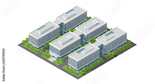 Isometric Illustration of a Modern Corporate Office Complex with Contemporary Architecture and Sustainable Green Landscaping for Business Development