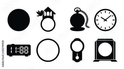 Konstfotografi Diverse Clock Icons Collection, Timepiece Vector Graphics, Digital and Analog Ti