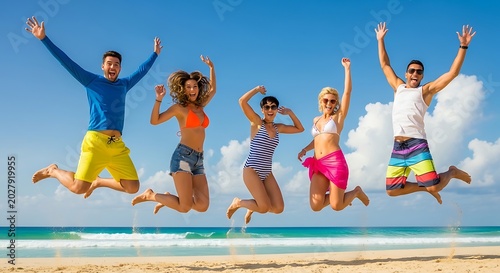Group of happy friends jumping on the beach during summer vacation