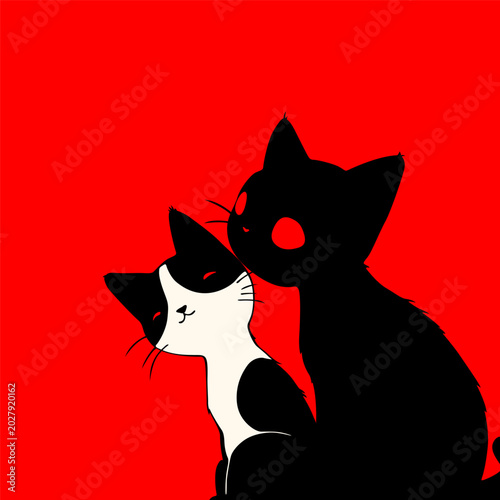 Lovely cats on red background, white and black cats love each other