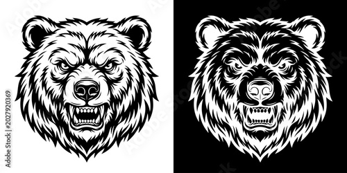 Monochrome Bear Head Illustrations - Aggressive Animal Art.