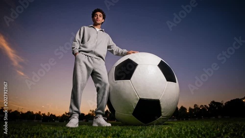 Young athlete posing confidently with an oversized soccer ball at sunset. A young athlete showcases an oversized soccer ball in a beautiful sunset setting. Surreal creative video