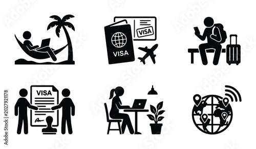 Digital Nomad Icons: Remote Work, Travel, Visa, Global Connectivity, Relaxation, Business Trip