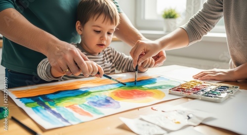 Preschooler in striped shirt paints a colorful sunset picture with parents Surreal Silliness Concept Design
