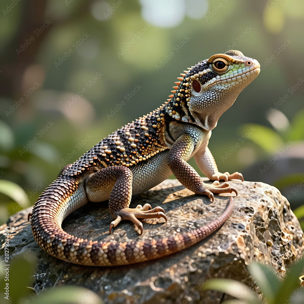 Fototapeta premium Lizard resting on moss-covered rock in natural green environment
