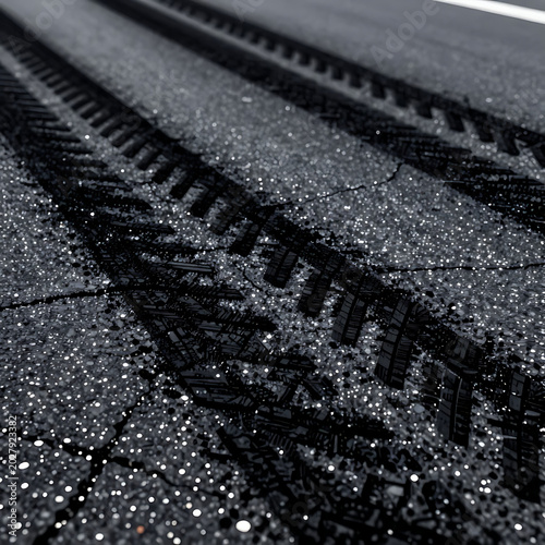 Close-up of wet asphalt road with tire track marks in black and white