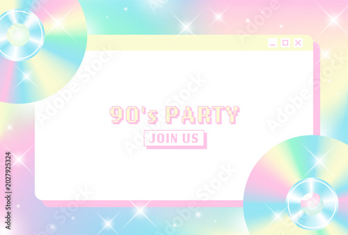 Pastel Cyber Y2K Party Vector Background with Pop-up Window Frame and Iridescent Holographic CDs
