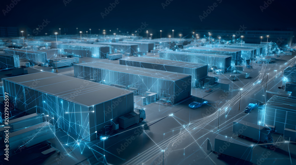 Obraz premium Supply Chain Cybersecurity Threat — Illuminated Data Routes Across Digital Terrain