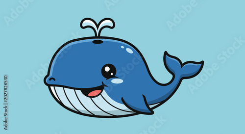 Tableau sur toile Cute Cartoon Blue Whale Spouting Water, Kawaii Style, Ocean Life
